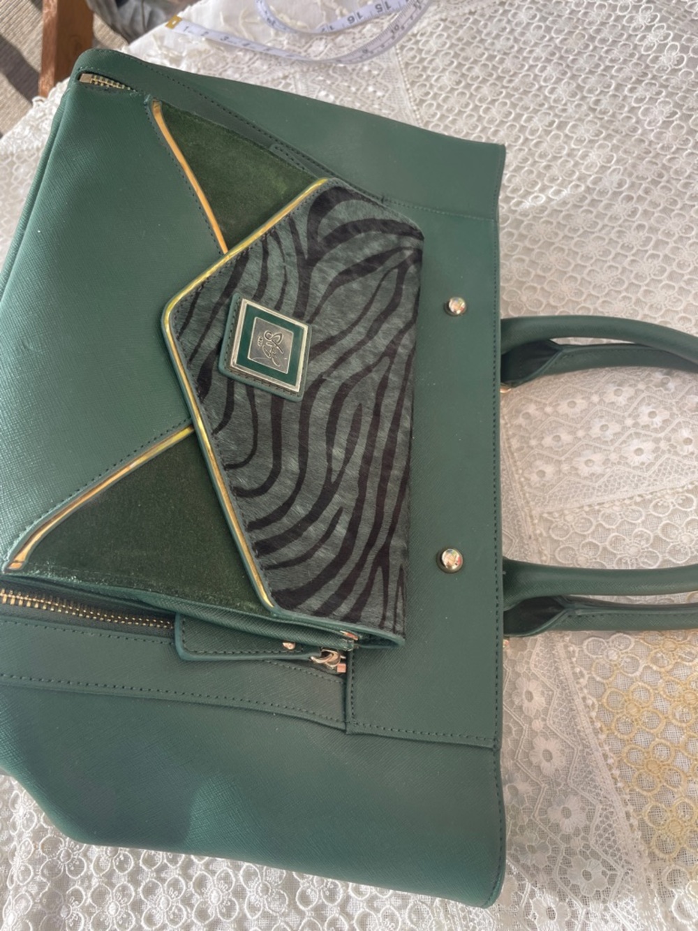 Sharif Forest Green Tote with Zebra-Print Accent and Gold Hardware